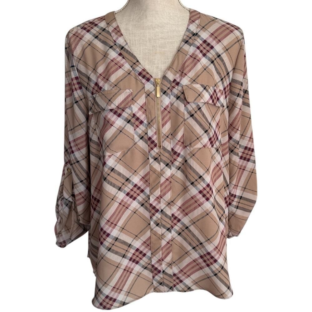 Cato, Lg, Plaid Pullover Blouse, 3/4 Roll Tab Sleeve, Gold 1/4 Zip V Neck, NWOT